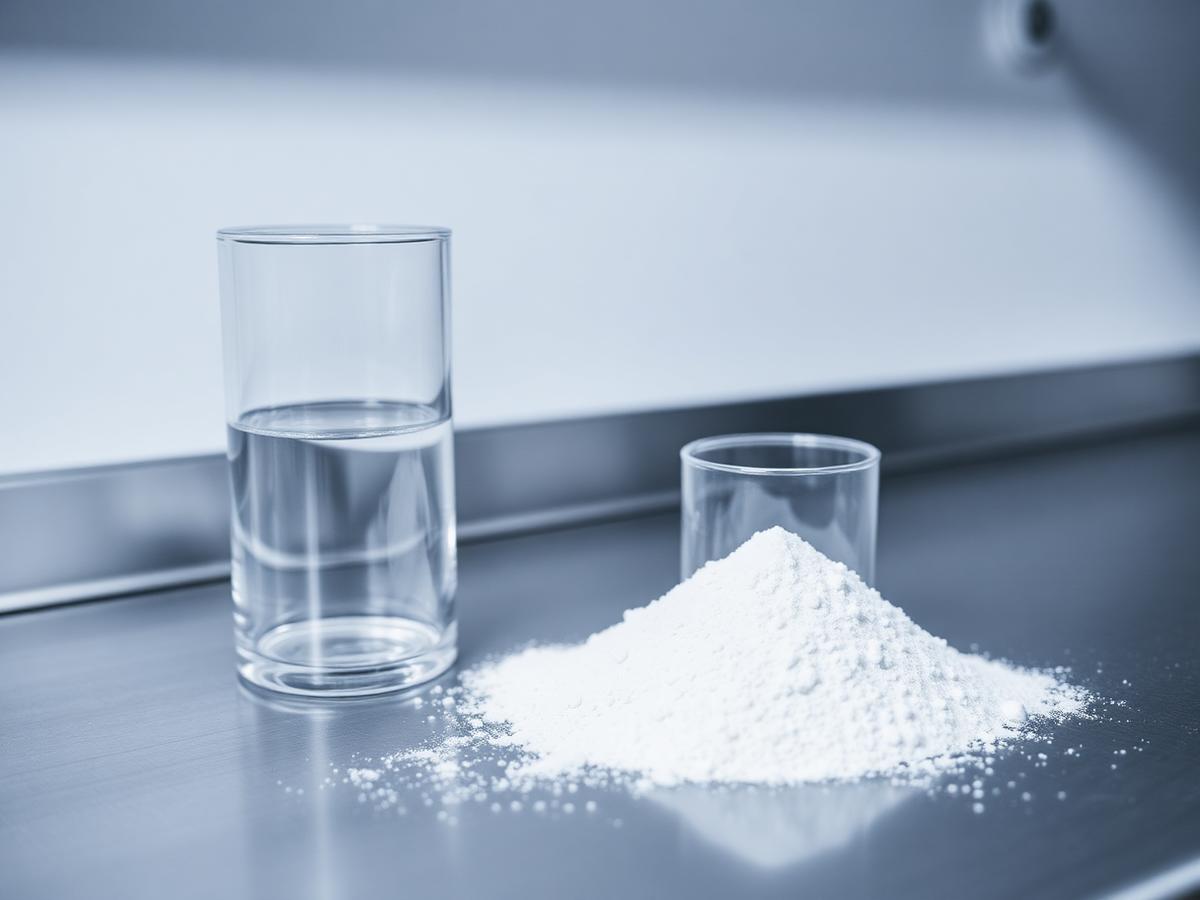 Laboratory vials and raw pharmaceutical ingredients under quality control.
