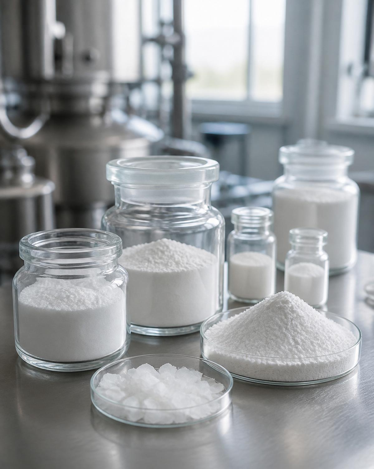 Chemical and cosmetic raw material samples in glass jars on a laboratory bench.
