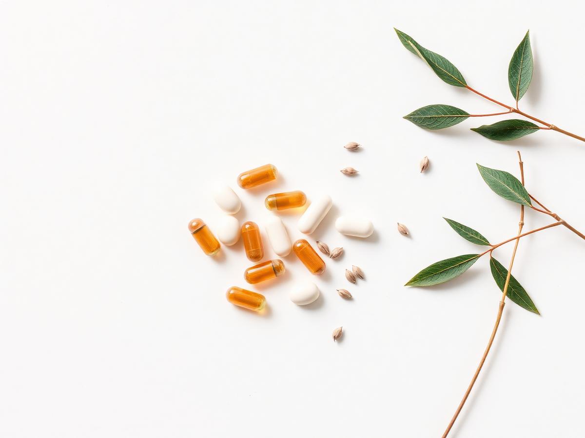 Assorted dietary supplement capsules and nutritional health products.